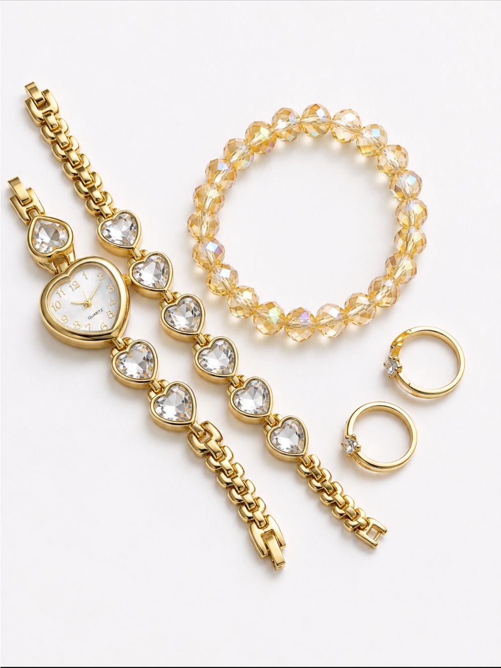 Gold Heart Crystal Watch and Bracelet Set - Women Accessories